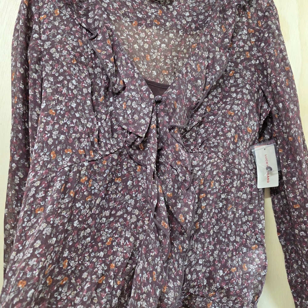Lucky Brand Womens Floral Ruffle V-Neck Blouse Burgundy Long Sleeve Small NWT - Picture 15 of 16
